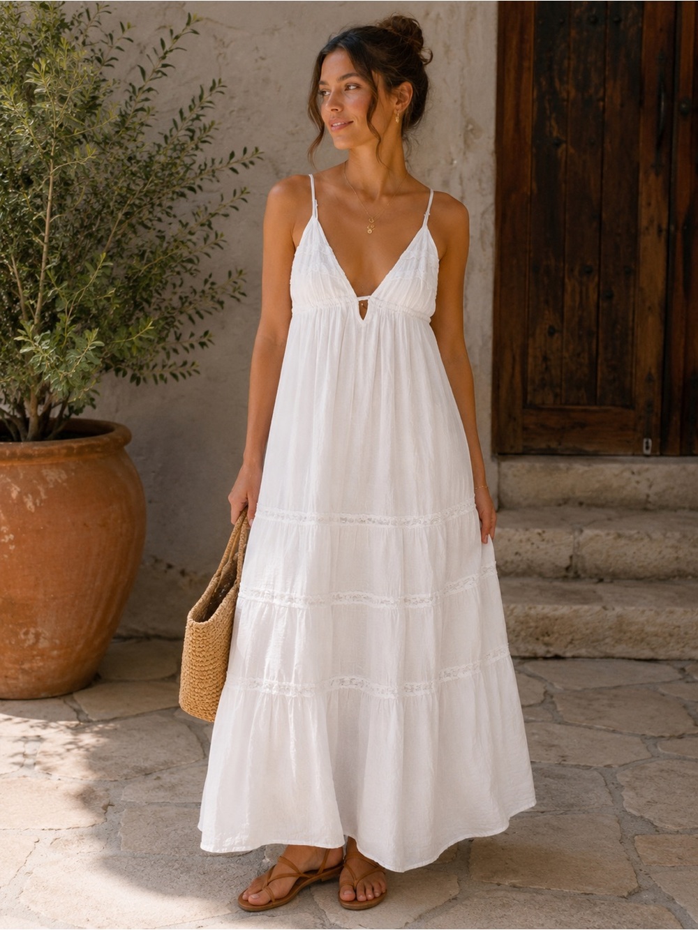 Zara White Maxi Dress XS Tiered Spaghetti Strap Lace Trim Boho Beach Vacation